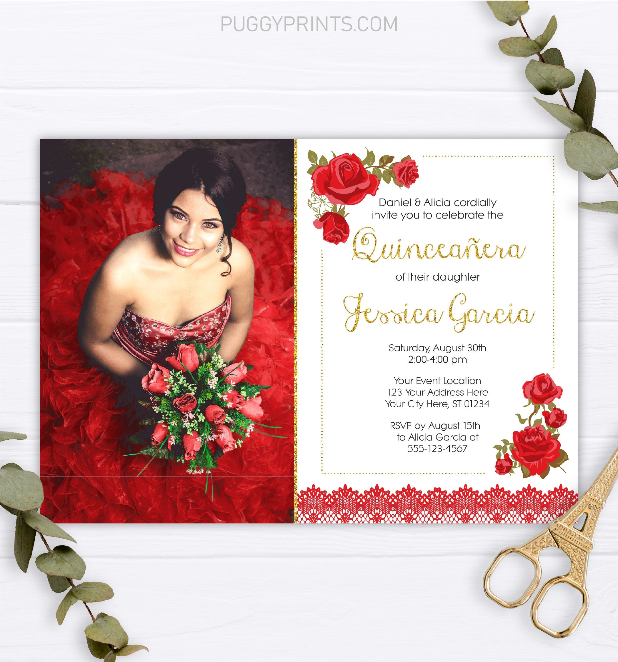Charro Quincea era Invitation Roses Lace Red And Gold Etsy