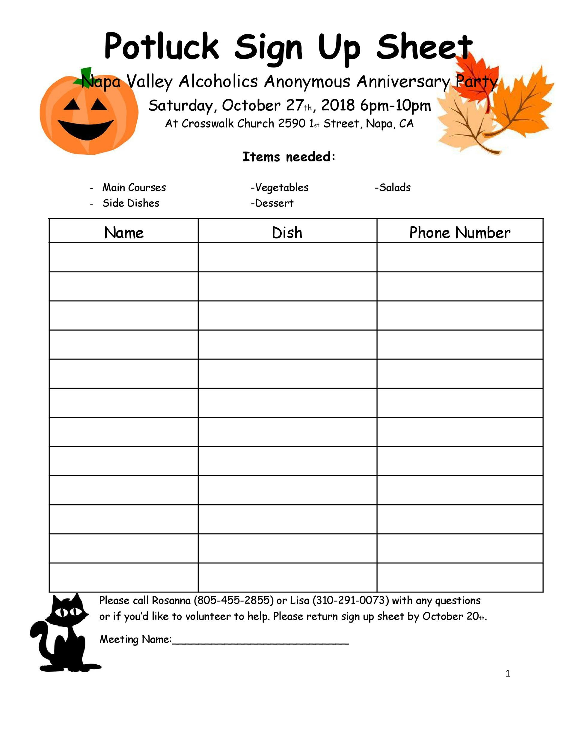 Template Printable Halloween Potluck Sign Up Sheet FREE Printable Online