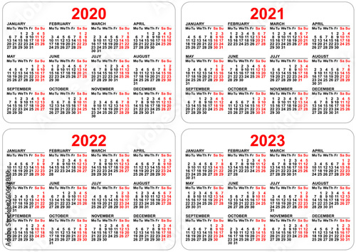 2020 2021 2022 2023 Years Set Pocket Calendar Grid Template 