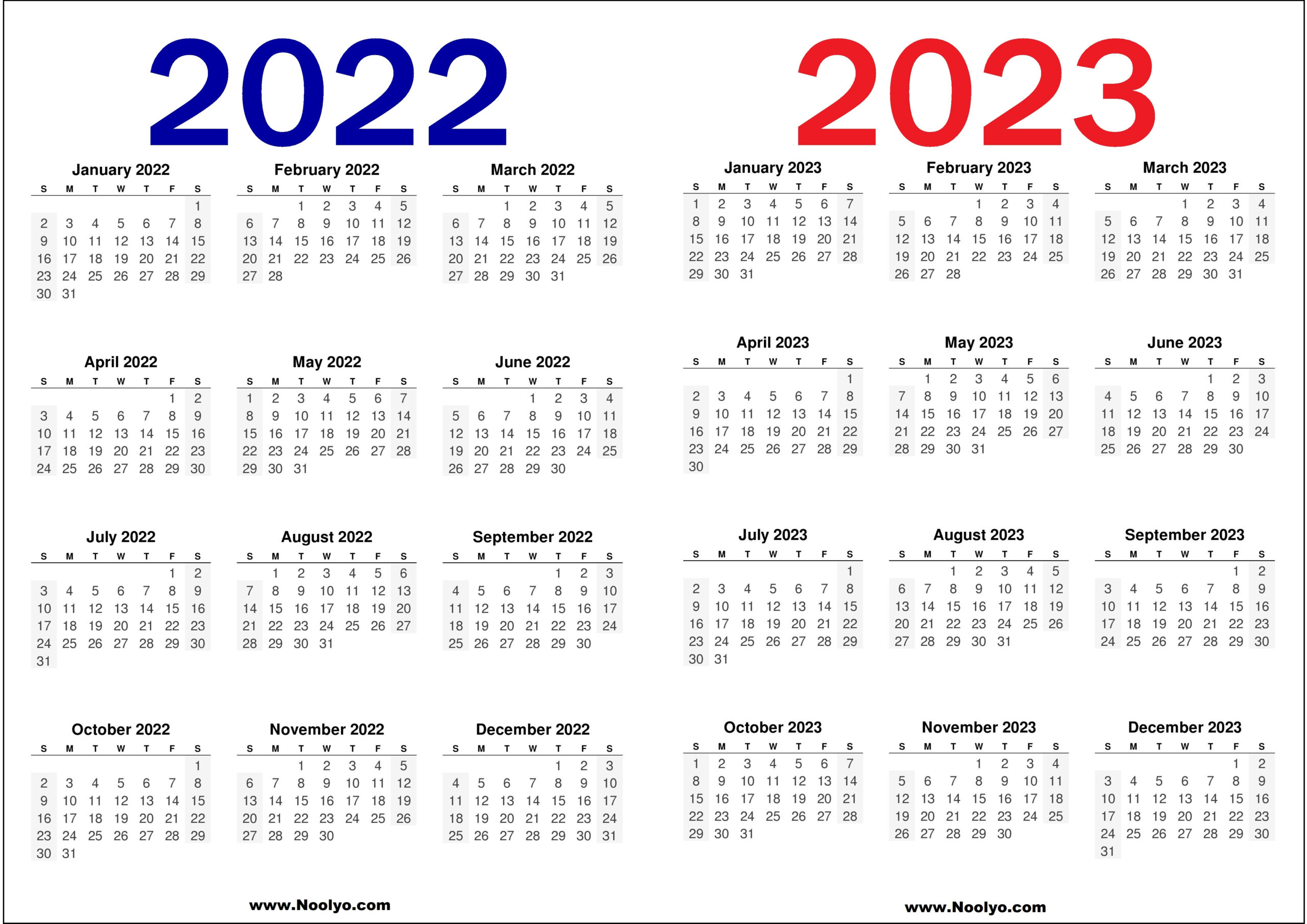 2022 And 2023 Calendar Printable Free Noolyo