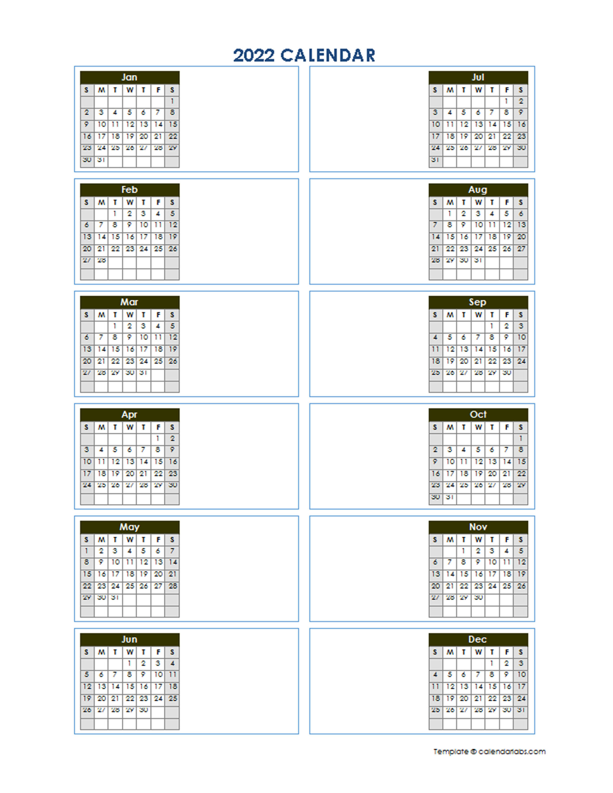 2022 Blank Yearly Calendar Template Vertical Design Free Printable 