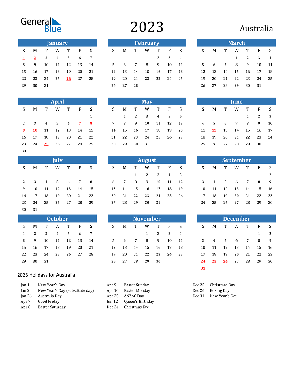 2023 Calendar Australia | FREE Printable Online