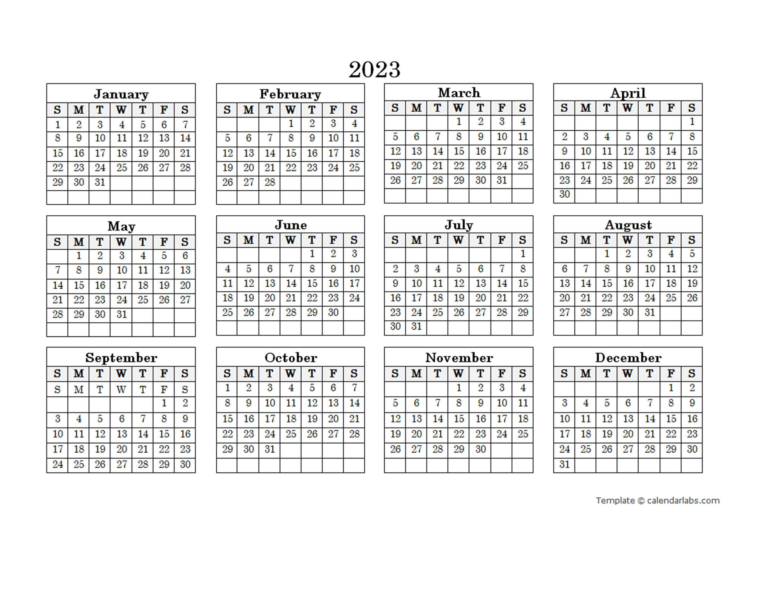yearly calendar 2023 template FREE Printable Online