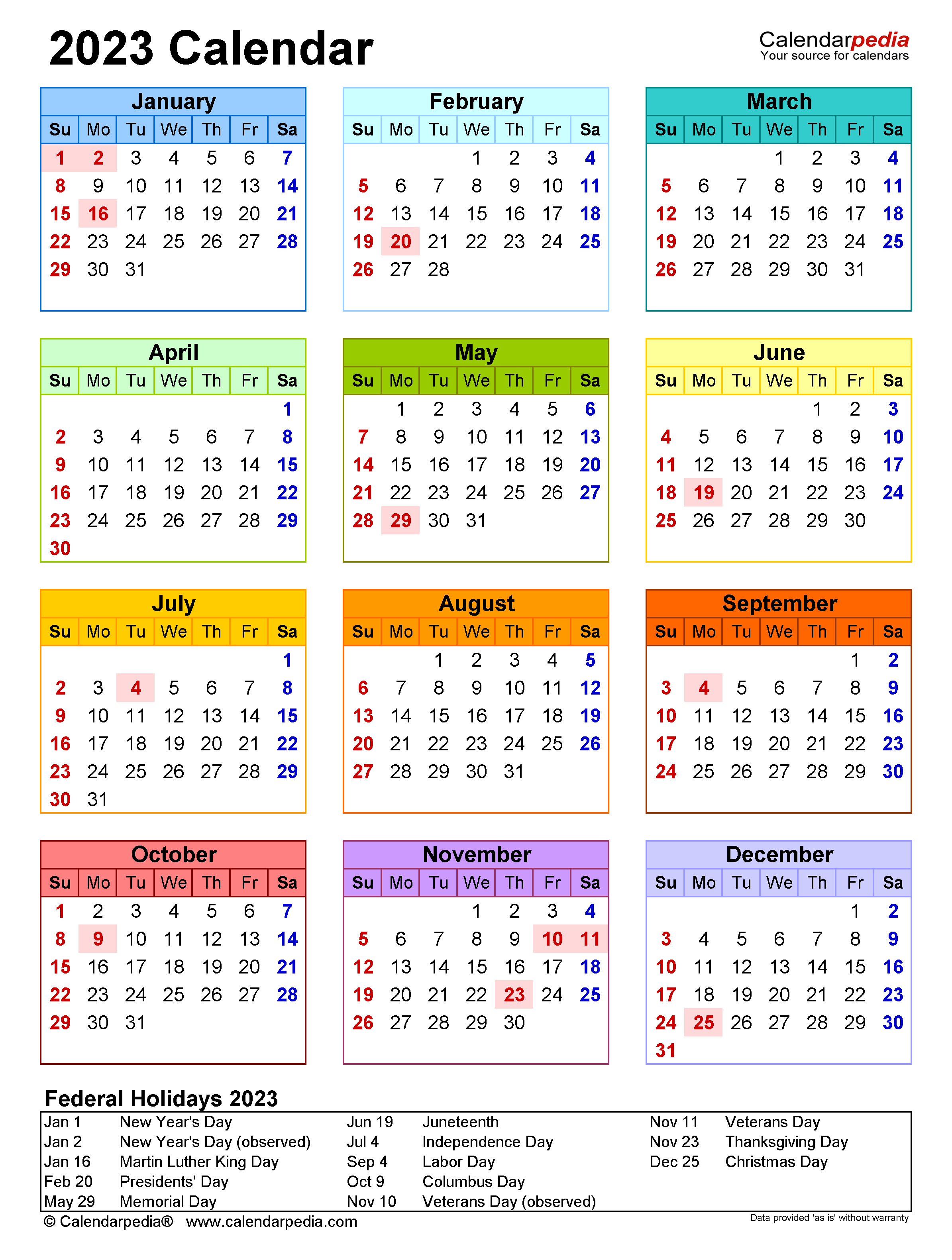 2023 Printable Calendar One Page Free Download