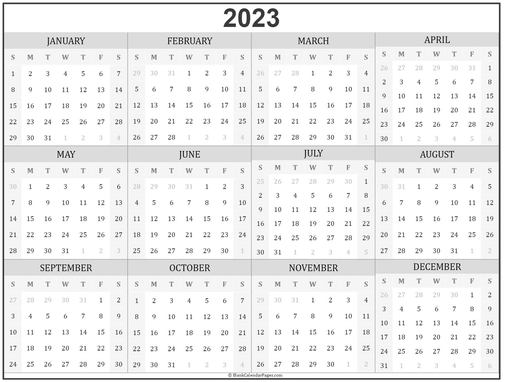 2023 Year Calendar Yearly Printable