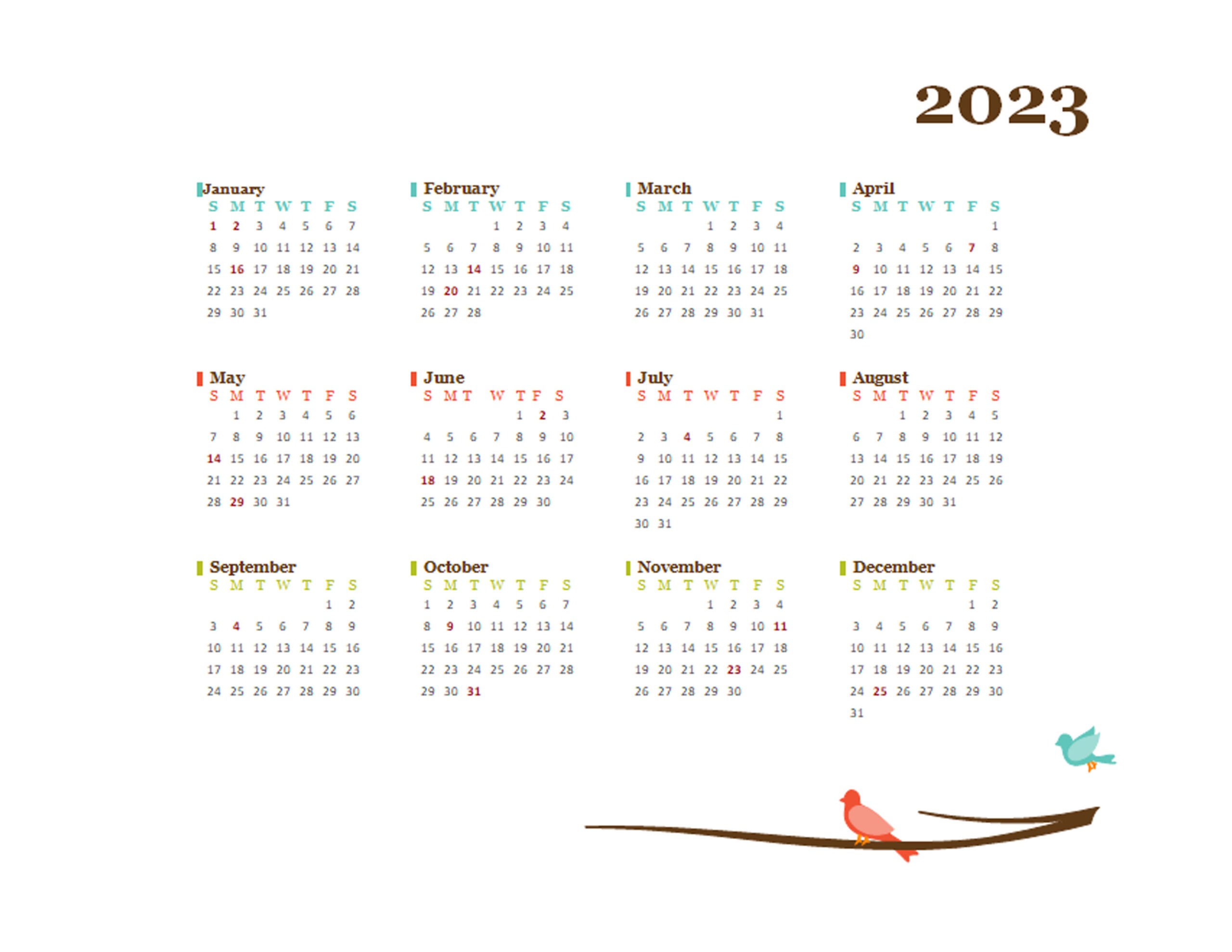 2023 Yearly Calendar Bird Template Free Printable Templates