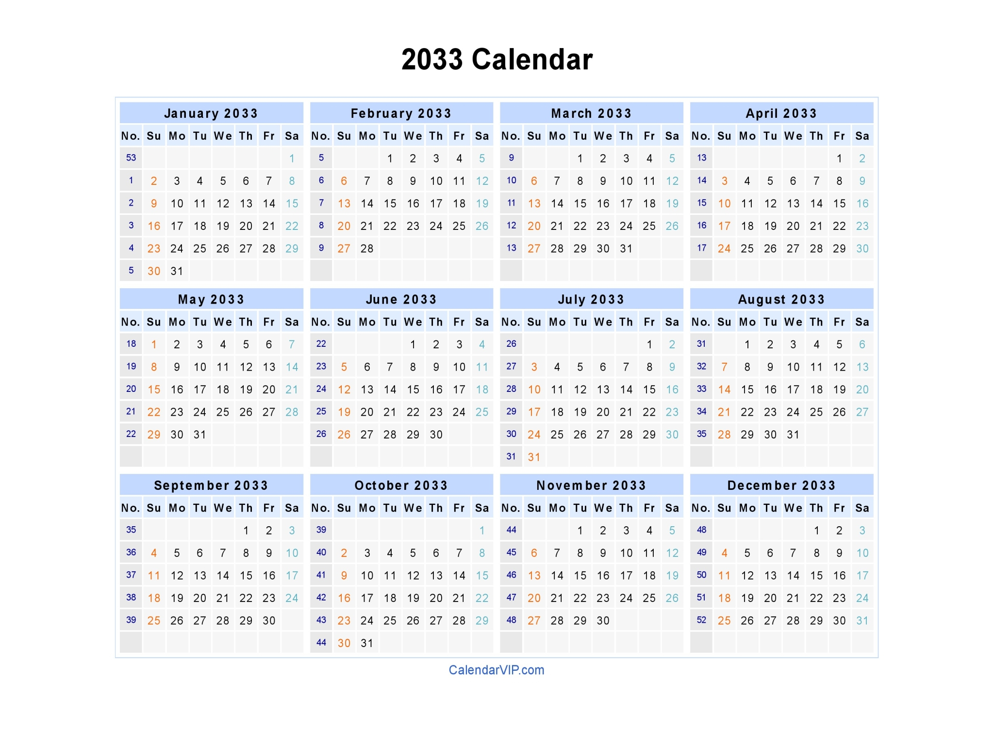 2033 Calendar Blank Printable Calendar Template In PDF Word Excel