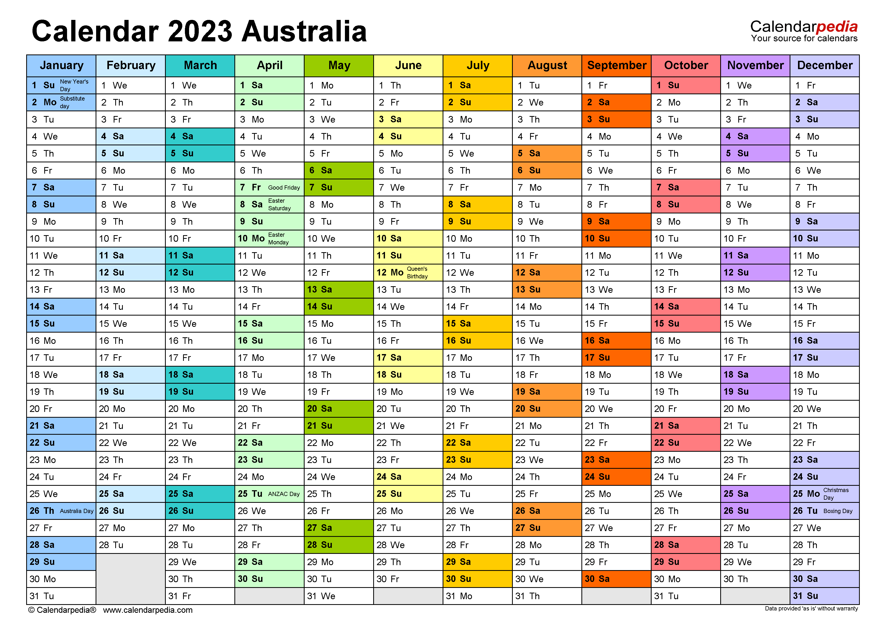 2023 Calendar Australia FREE Printable Online