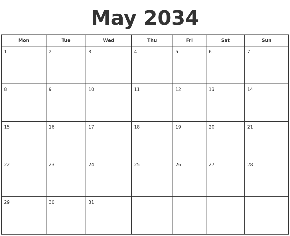 May 2034 Print A Calendar