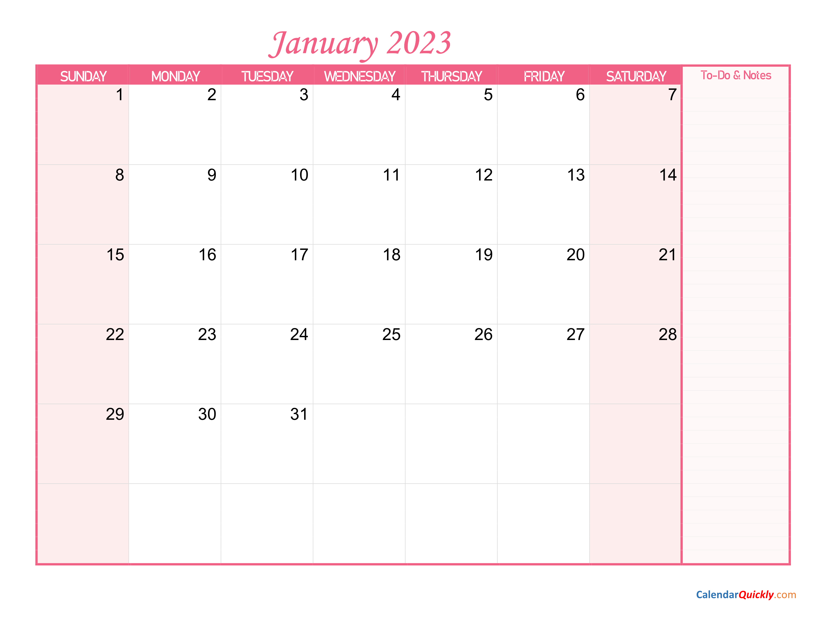 Monthly Calendar 2023 With Notes Calendar Quickly FREE Printable Online