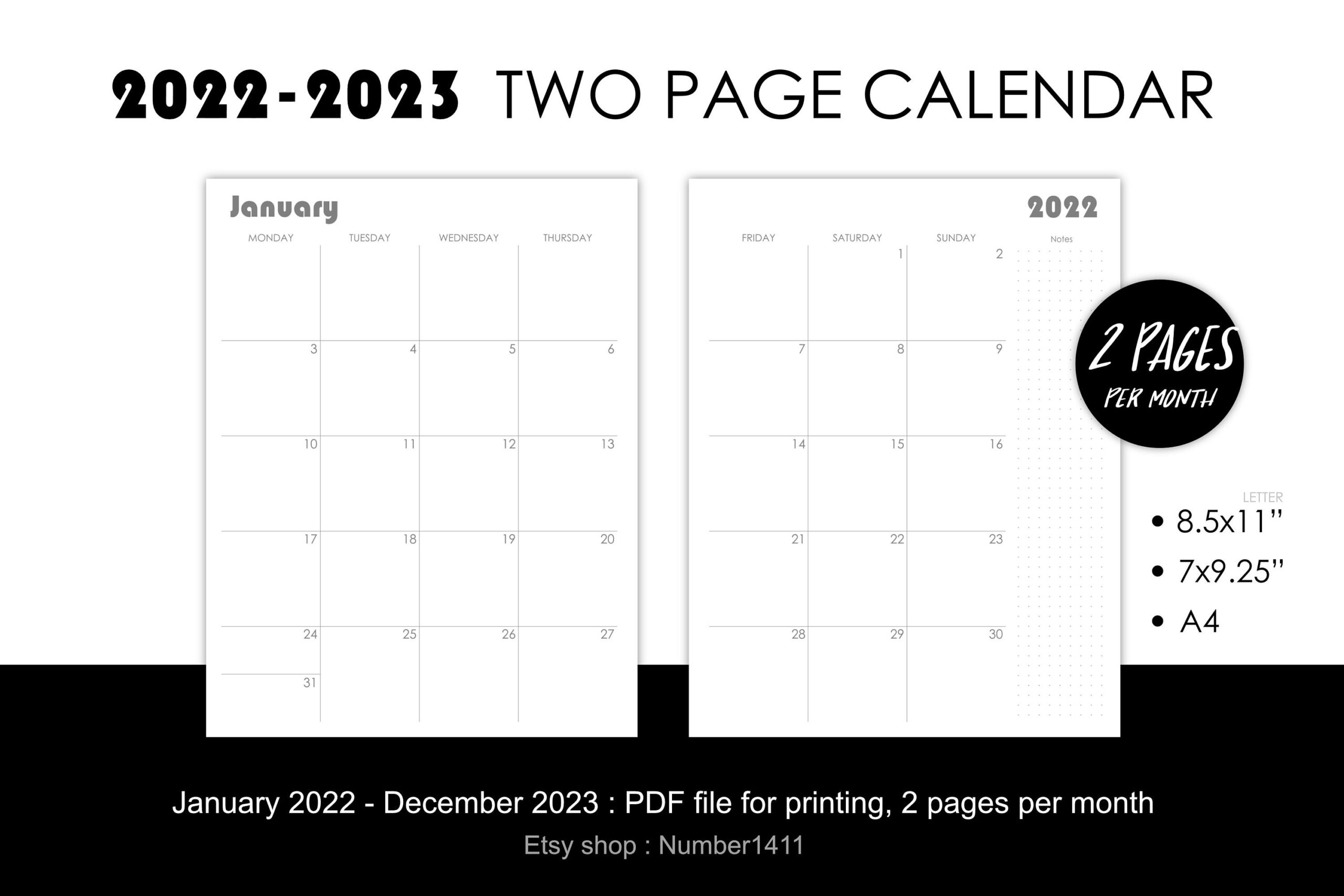 Two Page Calendar 2022 2023 Printable Monthly Planner Etsy