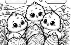 Three Cute Easter Chicks With Easter Eggs: Coloring Page Free For in Printable Easter Chicken